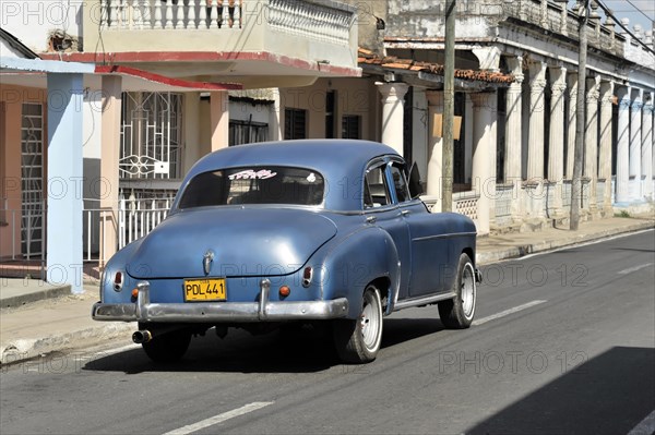 Blue vintage car from the 50s, on the road near Vinales, Cuba, Greater Antilles, Central America, America, Central America