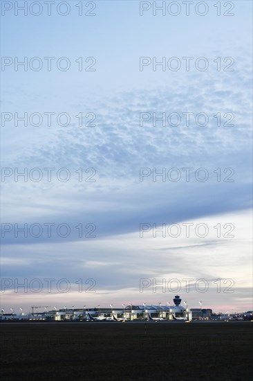 Overview Terminal 2 with satellites Munich Airport at dusk, Upper Bavaria, Bavaria, Germany, Europe