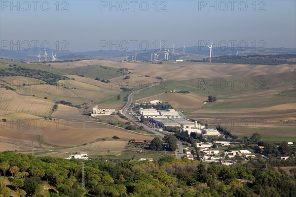 View over countryside and wind turbines from Vejer de la Frontera, Cadiz province, Spain, Europe