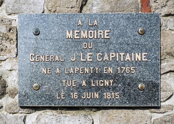 Commemorative plaque for general Jacques Lecapitaine, killed during the 1815 Battle of Ligny, Sombreffe, Namur, Wallonia, Belgium, Europe