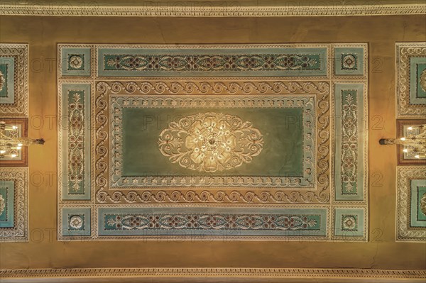 Decorative ceiling with a distinctive chandelier and golden decorations, Schachtrupp Villa, Lost Place, Osterode am Harz, Lower Saxony, Germany, Europe