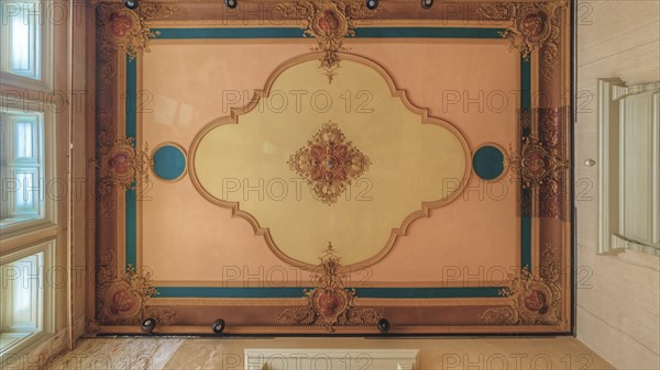 Detailed, artistically designed interior with pastel-coloured ceiling painting, Villa Woodstock, Lost Place, Wuppertal, North Rhine-Westphalia, Germany, Europe