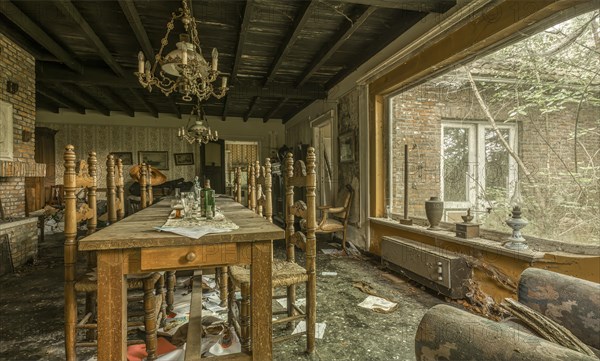 A damaged dining room with destroyed furniture and windows letting in daylight, Maison Limmi, Lost Place, Kalken, Laarne, Province of East Flanders, Belgium, Europe