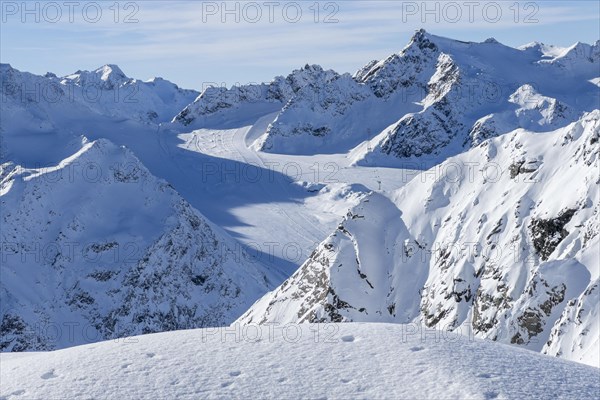 View from the mountain station of the Tiefenbach cable car of the Tiefenbach glacier across to the neighbouring Pitztal glacier ski area, Tyrol