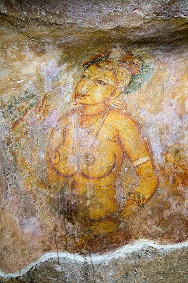 Rock painting frescoes of maidens in the palace fortress, Sigiriya, Central Province, Sri Lanka, Asia