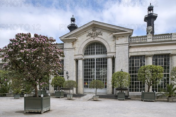 Entrance to the Orangery at the Royal Greenhouses of Laeken in the park of the Royal Palace of Laken, Brussels, Belgium, Europe