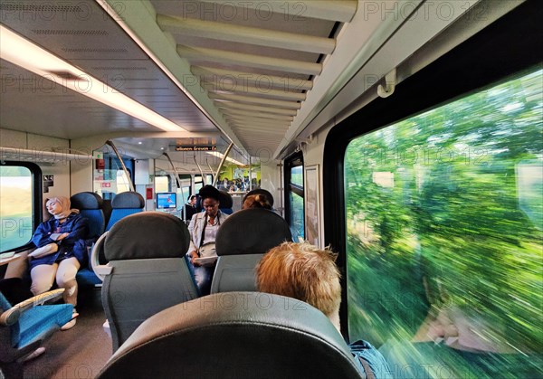 View from a local train during the journey, Muenster, North Rhine-Westphalia, Germany, Europe