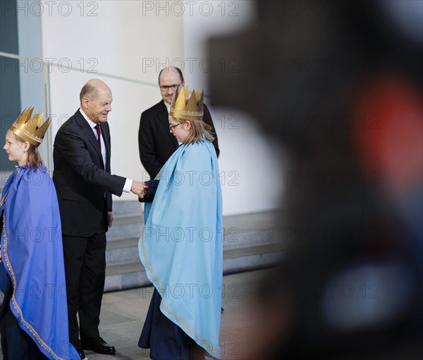 Federal Chancellor Olaf Scholz (SPD) pictured at the traditional reception for carol singers at the Federal Chancellery in Berlin, 8 January 2024