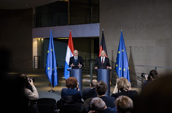 Federal Chancellor Olaf Scholz (SPD) and Luc Frieden, Prime Minister of the Grand Duchy of Luxembourg, give a press conference after talks at the Federal Chancellery in Berlin, 8 January 2024