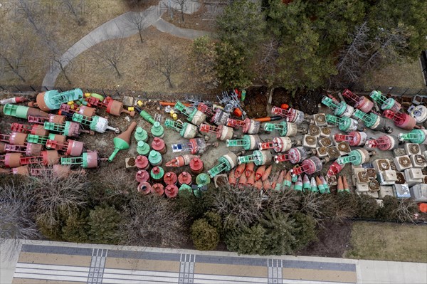 Detroit, Michigan, Navigational buoys stored at the U.S. Coast Guard station. The buoys mark the shipping channel from Saginaw Bay in Lake Huron through the St. Clair River, Lake St. Clair, and the Detroit River to Lake Erie. Many buoys are removed from the water and stored at the Coast Guard station for the winter