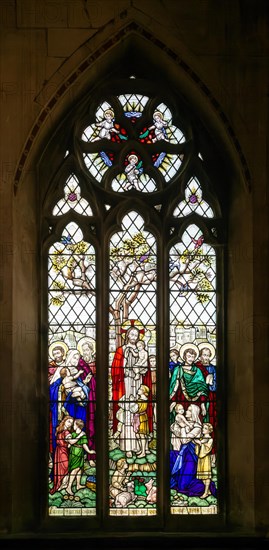 Stained glass window, Roman catholic church of Saint John the Evangelist, Bath, north east Somerset, England, UK