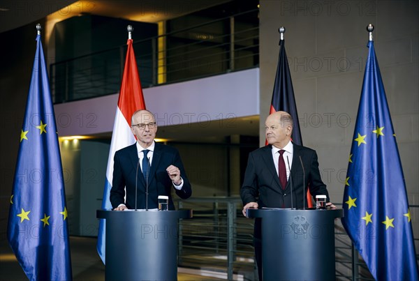 Federal Chancellor Olaf Scholz (SPD) and Luc Frieden, Prime Minister of the Grand Duchy of Luxembourg, give a press conference after talks at the Federal Chancellery in Berlin, 8 January 2024