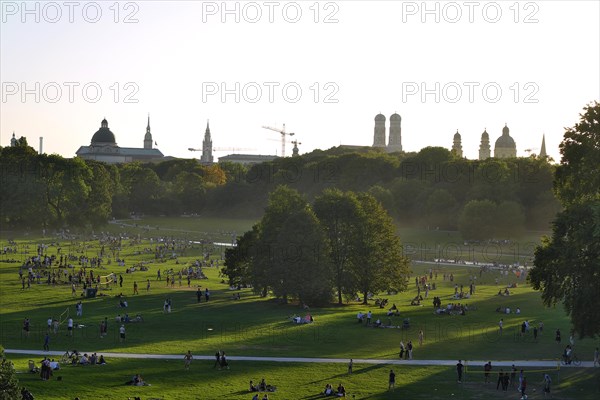 View of the Munich skyline, Monopteros in the English Garden, Munich, Bavaria, Germany, Europe