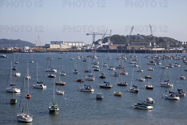 Yachts at moorings port of Falmouth, Cornwall, England, UK