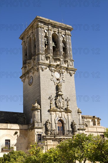 Tower of church Santa Maria de la Asuncion, Plaza del Cabildo, Arcos de la Frontera, Cadiz province, Spain, Europe