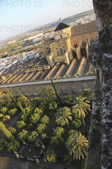 Raised angle view of Great Mosque, Mezquita cathedral, former mosque building in central, Cordoba, Spain, Europe