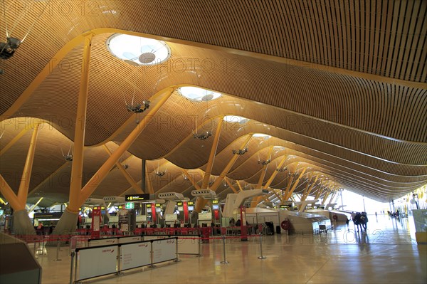 Modern architecture interior of terminal 4 building, Adolfo Suarez Madridâ€“Barajas airport, Madrid, Spain, Europe