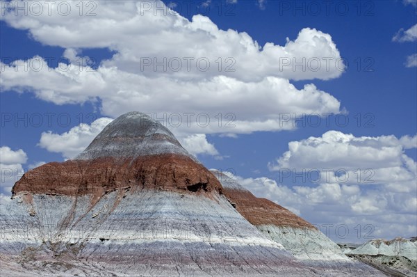 The Tepees or cones are structures with layers of blue, purple and gray created by iron, carbon, manganese and other minerals in a cone shaped formation, Painted Desert and Petrified Forest National Park, Arizona, USA, North America