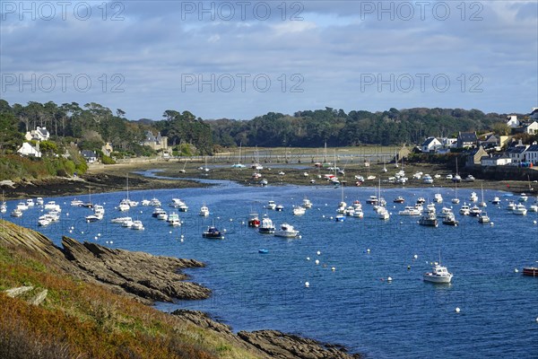 Harbour and commune of Le Conquet, seen from the Kermorvan peninsula, Finistere Pen ar Bed department, Brittany Breizh region, France, Europe