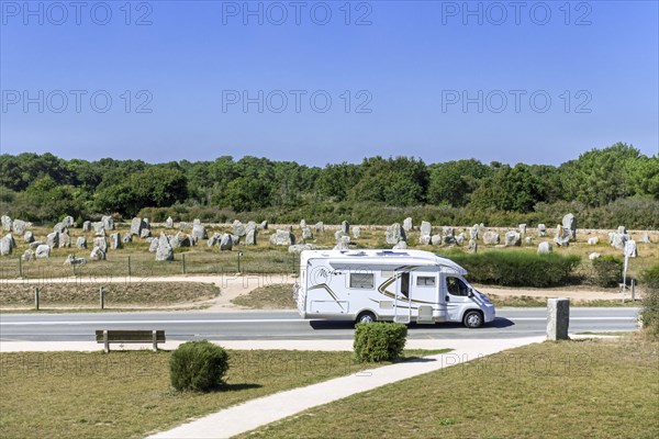 Motorhome, camper van driving past the Menec alignments, megalithic site among the Carnac standing stones, Morbihan, Brittany, France, Europe