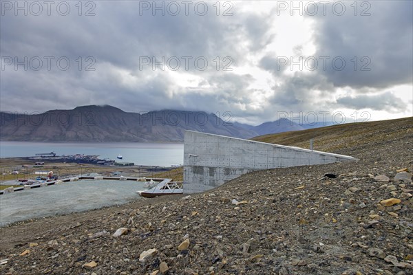 Entrance to the Svalbard Global Seed Vault, largest seed bank in the world and backup facility for the crop diversity near Longyearbyen, Spitsbergen