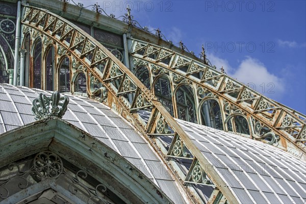 Detail of decorated wrought-iron truss of the Royal Greenhouses of Laeken in Art Nouveau style, designed by Alphonse Balat in the park of the Royal Palace of Laken, Brussels, Belgium, Europe