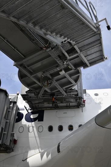 Lufthansa Airbus A380-800 with docked passenger boarding bridges at check-in position, Munich Airport, Upper Bavaria, Bavaria, Germany, Europe