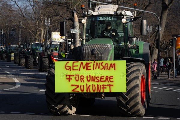 Around 600 farmers drove to the festival hall in Frankfurt am Main on 11 January 2024 as part of the rally organised by the Wetterau-Frankfurt Regional Farmers' Association to protest against the agricultural policy of the so-called traffic light government, in particular the cancellation of subsidies, festival hall, Frankfurt am Main, Hesse, Germany, Europe