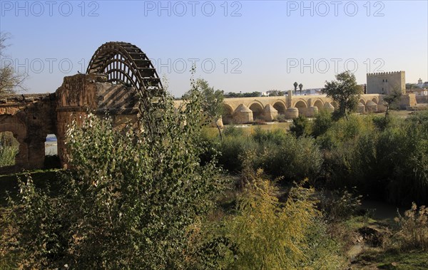 Historic Albolafia Moorish water-wheel on river Rio Guadalquivir, Cordoba, Spain, Europe