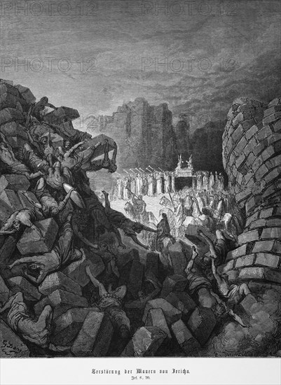 Destruction of the walls of Jericho, Book of Joshua, Chapter 6, chaos, confusion, dead, injured, wall, boulders, music, wind instruments, trumpets, celebration, riders, horses, ceremony, Bible, Old Testament, historical illustration from 1886