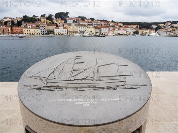 Relief of a sailing ship, memory of famous sailors, harbour of Mali Losinj, island of Losinj, Kvarner Gulf Bay, Croatia, Europe