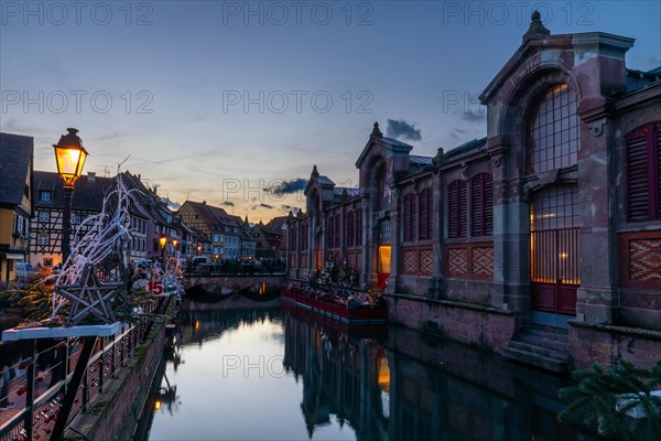 Market hall with Quai de Poissonnerie, Little Venice, Petite Venise, Christmas decorations, Christmas market, historic houses, historic town, Blue Hour, The Fishermen's Market, Colmar, Alsace, France, Europe