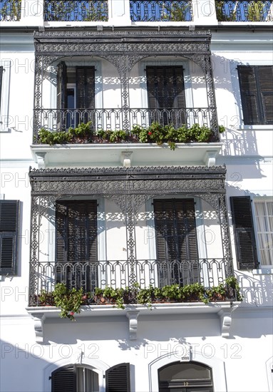 Ornate iron balconies in traditional historic building, Gibraltar, British terroritory in southern Europe, Europe