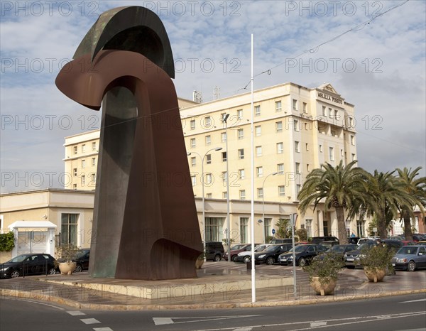 Hotel Melilla Puerto, Melilla autonomous city state Spanish territory in north Africa, Spain large metal sculpture from 1997 the Mustafa Arruf called Encuentros on Paseo Maritimo