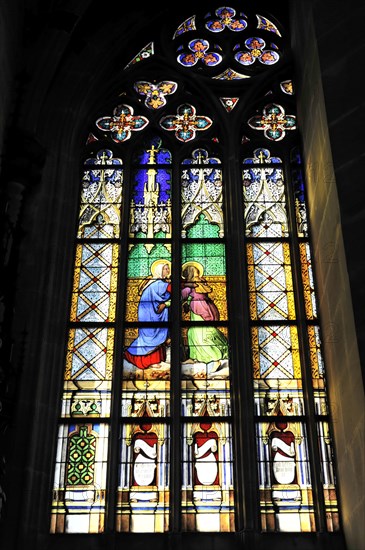 Church windows with Christian motifs, Heilig-Kreuz-Muenster, start of construction around 1315, Schwaebisch Gmuend, Baden-Wuerttemberg, Germany, Europe