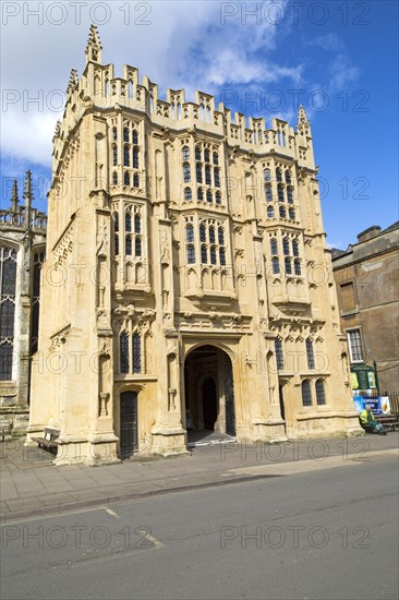 Historic church stone gatehouse building, Cirencester, Gloucestershire, England, UK