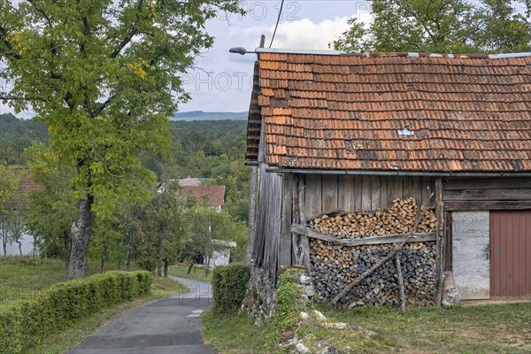 Stack of firewood piled up against wall of wooden shed in rural Croatia, Karlovac County, north-western Croatia