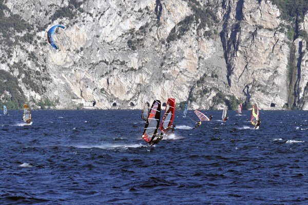 Windsurfers surfing in strong winds on Lake Garda near Malcesine, Veneto, Italy, Europe