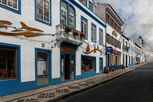 Street view with traditional with the famous Cafe Sport, blue decorated buildings and cobbled path, Horta, Faial Island, Azores, Portugal, Europe