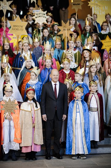 Federal Chancellor Olaf Scholz (SPD) pictured at the traditional reception for carol singers at the Federal Chancellery in Berlin, 8 January 2024