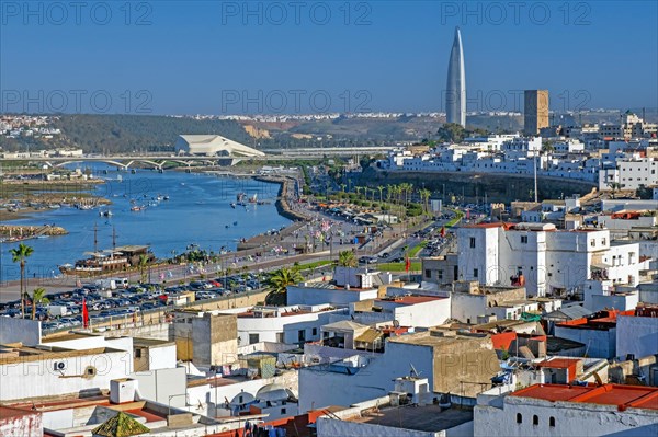 Aerial view over the river Bou Regreg, medina, Hassan Tower and Mohammed VI Tower in the city Rabat, Rabat-Sale-Kenitra, Morocco, Africa