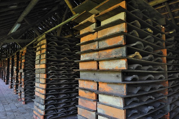 Drying yard with roof tiles in racks at brickworks, Boom, Belgium, Europe