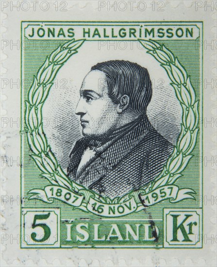 Jonas Hallgrimsson (1807 â€“ 1845) was an Icelandic poet, author and naturalist. Portrit on an Icelandic stamp