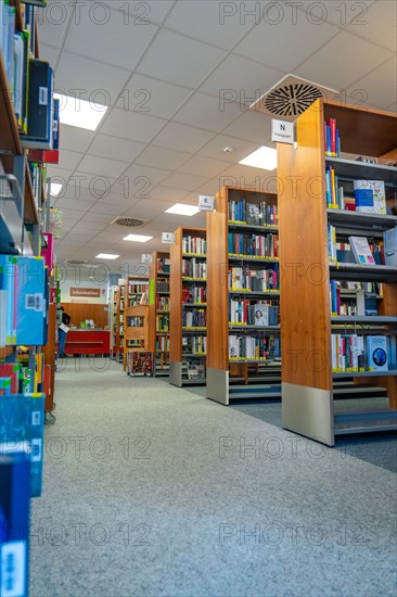 Long aisles between bookshelves in a library with a carpeted floor and a quiet atmosphere, Black Forest, Nagold, Germany, Europe