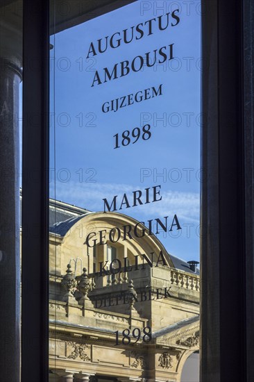 Names of 7 Congolese victims on window at AfricaMuseum, Royal Museum for Central Africa, ethnography and natural history museum, Tervuren, Belgium, Europe