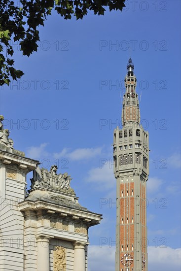 Belfry and triumphal arch Porte de Paris of Lille, France, Europe