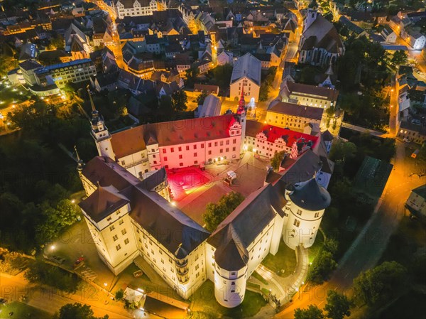 Hartenfels Castle from above, at dusk, Torgau, Saxony, Germany, Europe