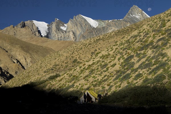 Moon setting above a trekker camp in the upper Kong Togpo Valley in Ladakh, with some high, glaciated peaks and dry slopes around, covered with scarce vegetation. Photographed late in the afternoon, on a sunny, late summer day. Zanskar Range of the Himalayas, the desert mountains belonging to the Thetys Himalayas. Kargil District, Union Territory of Ladakh, India, Asia