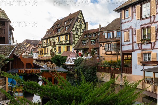 Historic houses with Quai de Poissonnerie, Little Venice, Petite Venise, Christmas decoration, Christmas market, historic town, Der Fischerstaden, Colmar, Alsace, France, Europe