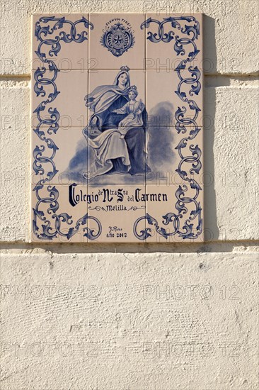 Close up of ceramic tiles sign for Lasalle de Carmen college, Melilla autonomous city state Spanish territory in north Africa, Spain, Europe
